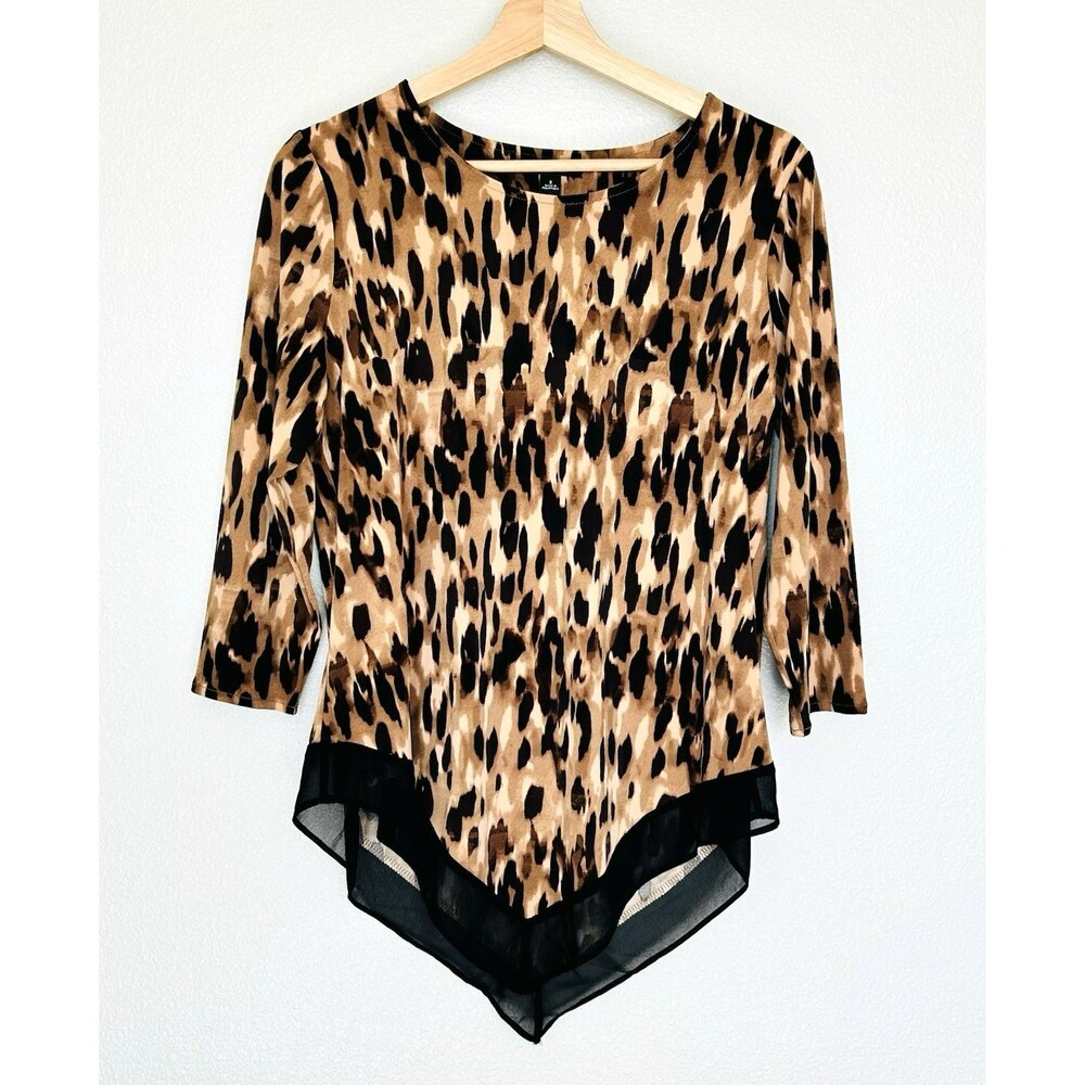 Alfani Women's Small Leopard Cheetah Print Asymmetric Sheer Pointed Hem Blouse